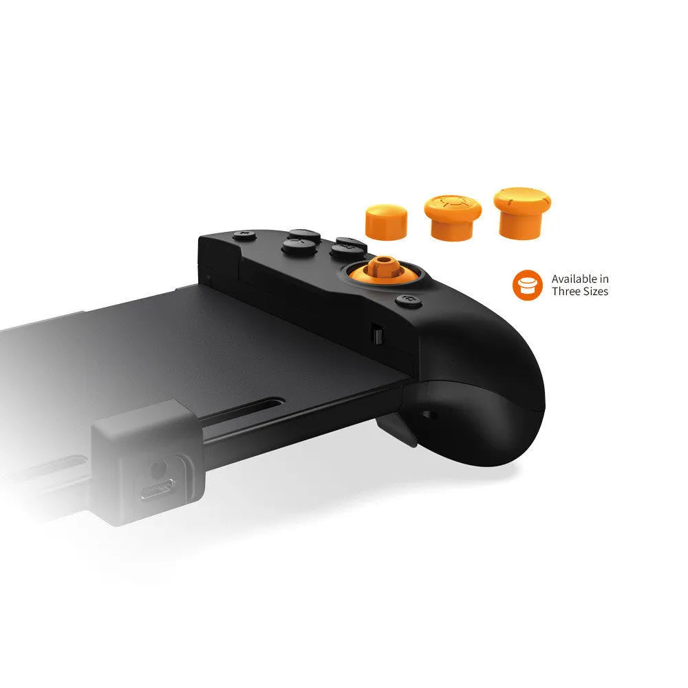 Black and white Nintendo Switch gamepad handle with console inserted, showing button layout and USB-C charging port