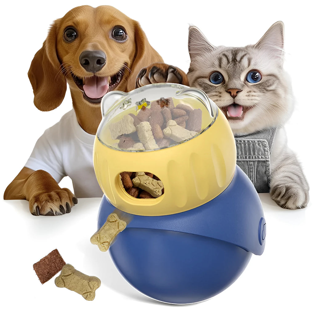 Owl-themed yellow and blue plastic cat feeder tumbler with food puzzle system