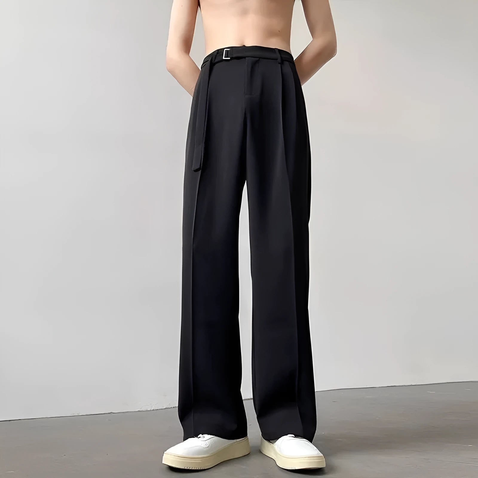 Black wide leg trousers with straight leg opening and loose fit casual style