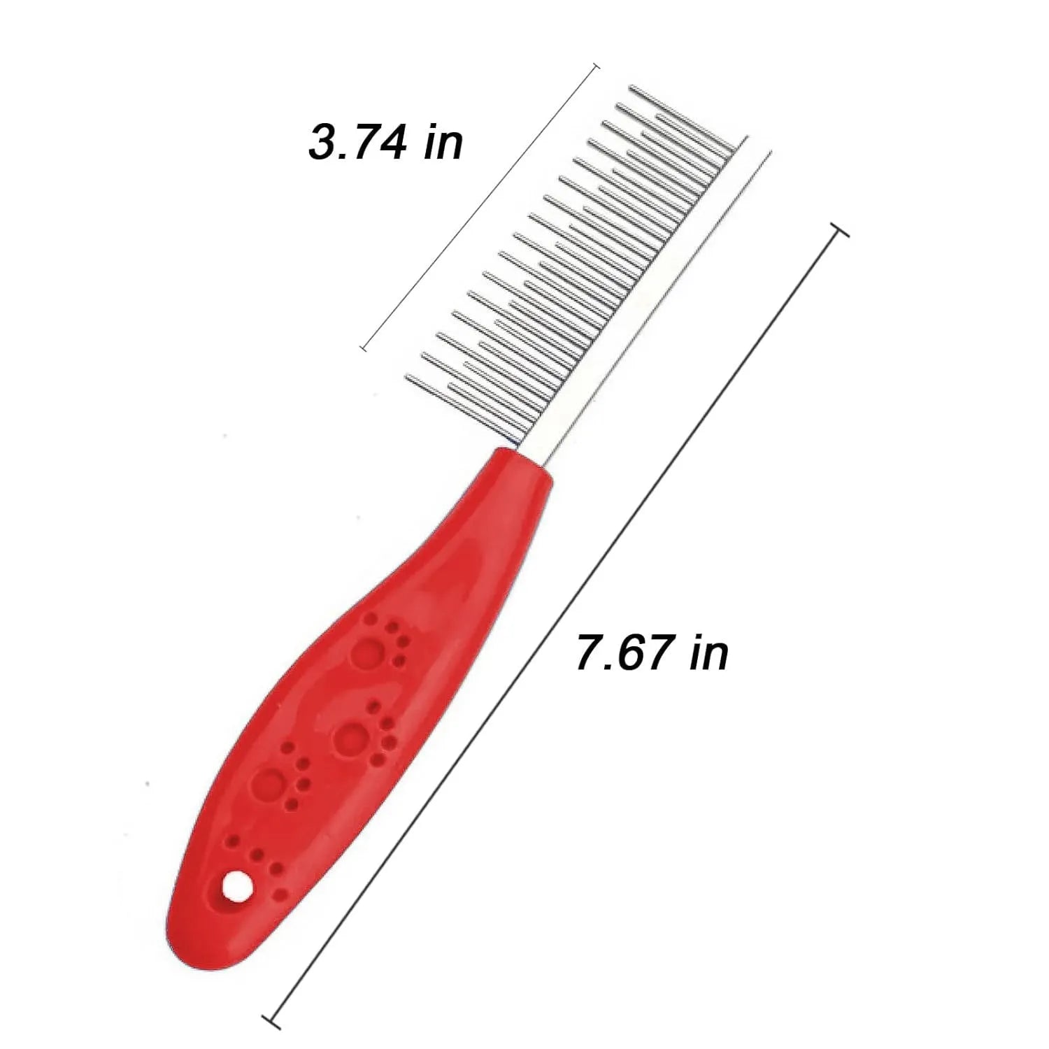 Red plastic handle pet comb with dual-length stainless steel teeth for detangling and dematting.