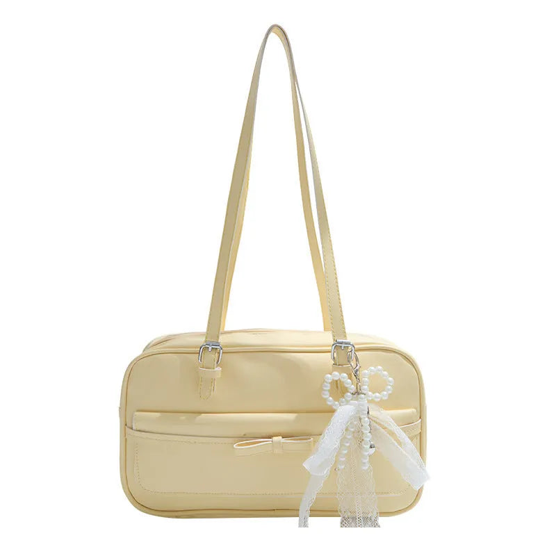 PU leather single-shoulder flap bag in urban simplicity style with bow stitching decoration
