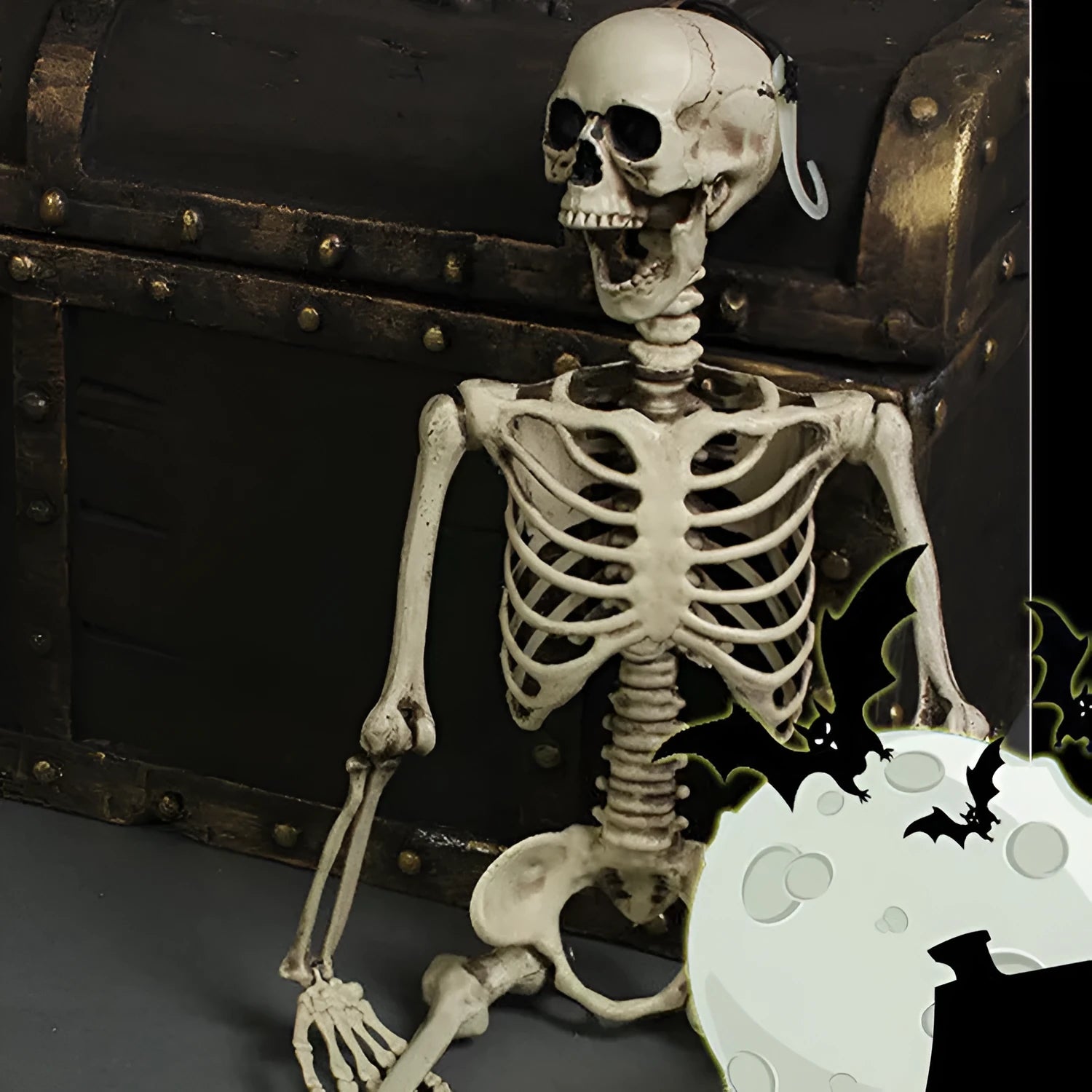 Full-size 170cm plastic skeleton prop showing detailed human skull and bone simulation