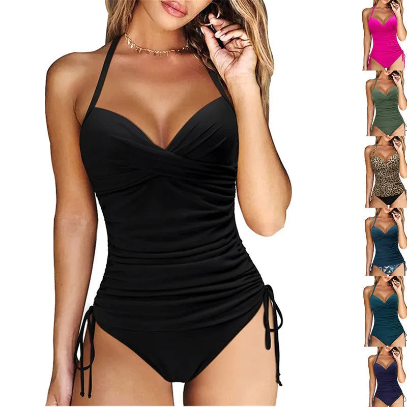 Women's high-waisted nylon swimsuit bikini set in black on a mannequin