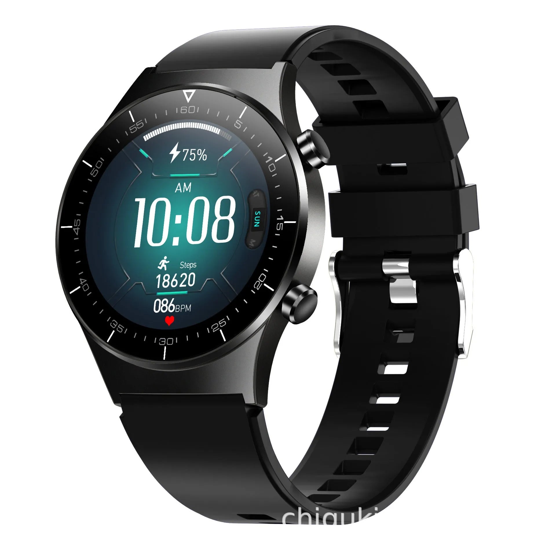 Black smart watch with TPU sports bracelet showing heart rate monitoring on 1.28-inch glass screen