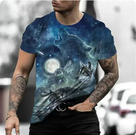 Retro 3D animal print on a men's short-sleeved light blue polyester t-shirt laid flat.