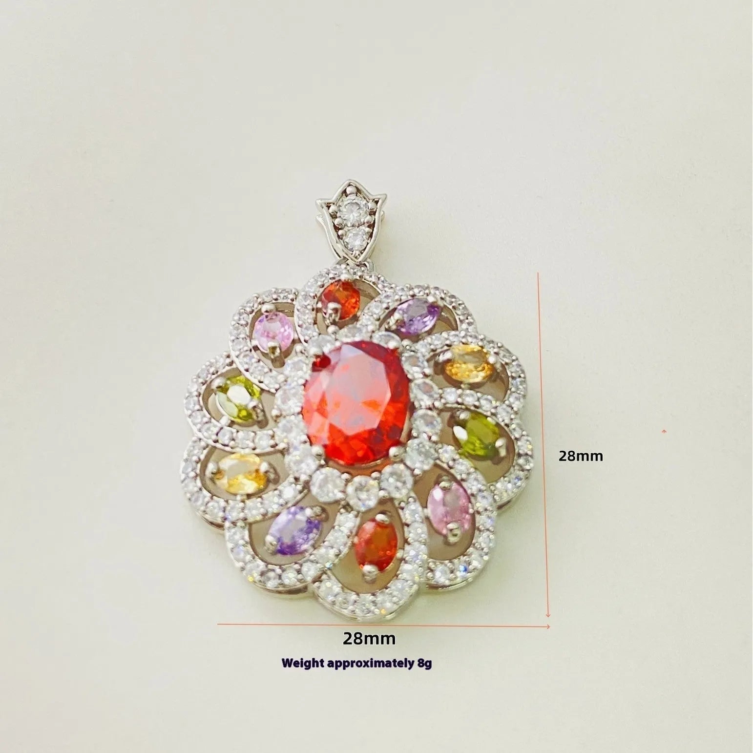 Women's flower-shaped zircon pendant necklace in gold tone on a model.