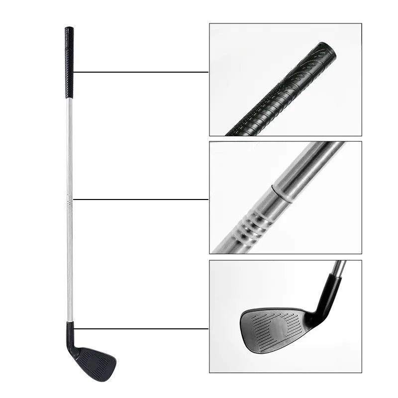 Metal golf training club set showing adult and children's versions for outdoor practice