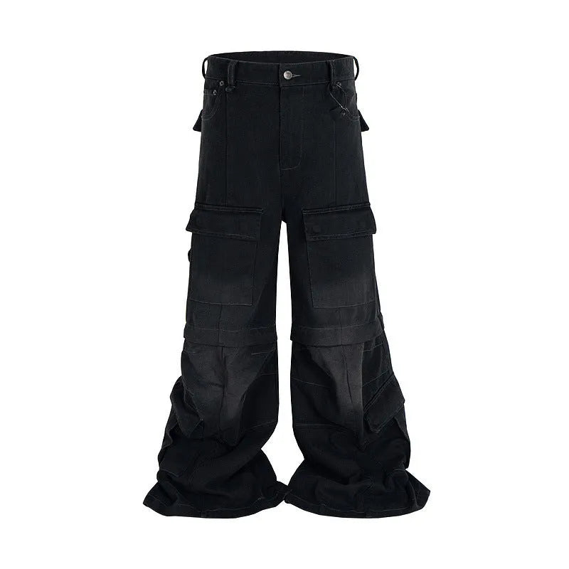 Washed-out cotton micro-pull overalls with detachable multi-pockets in black and blue colour options