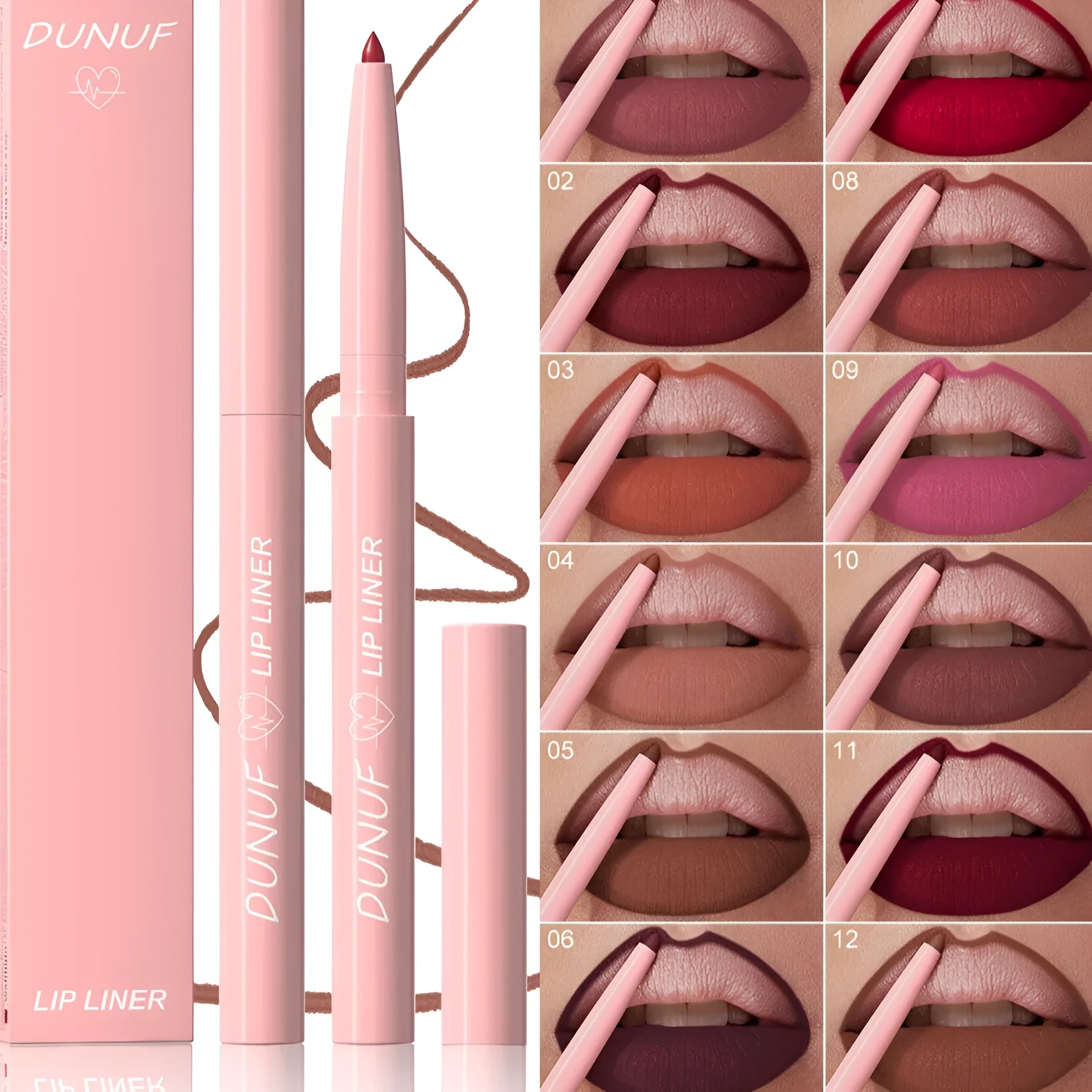 A single velvet matte lip liner pencil with 12 colour shade options shown, for precise lip definition.
