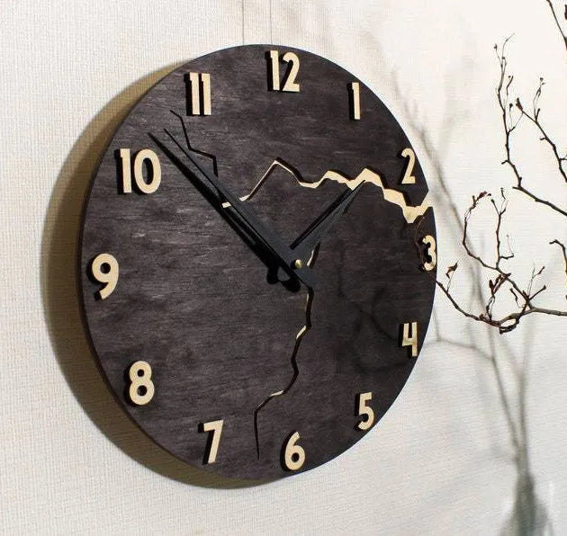 Modern wooden wall clock with cracked texture and silent movement in brown and grey colour options
