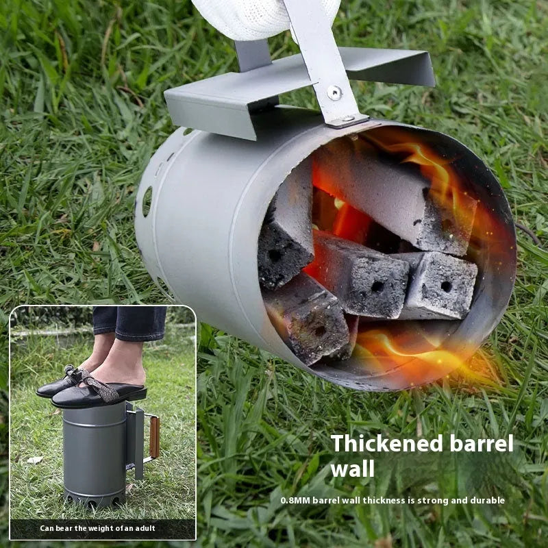 Zinc-iron alloy point carbon barrel style outdoor charcoal fire starter igniter.