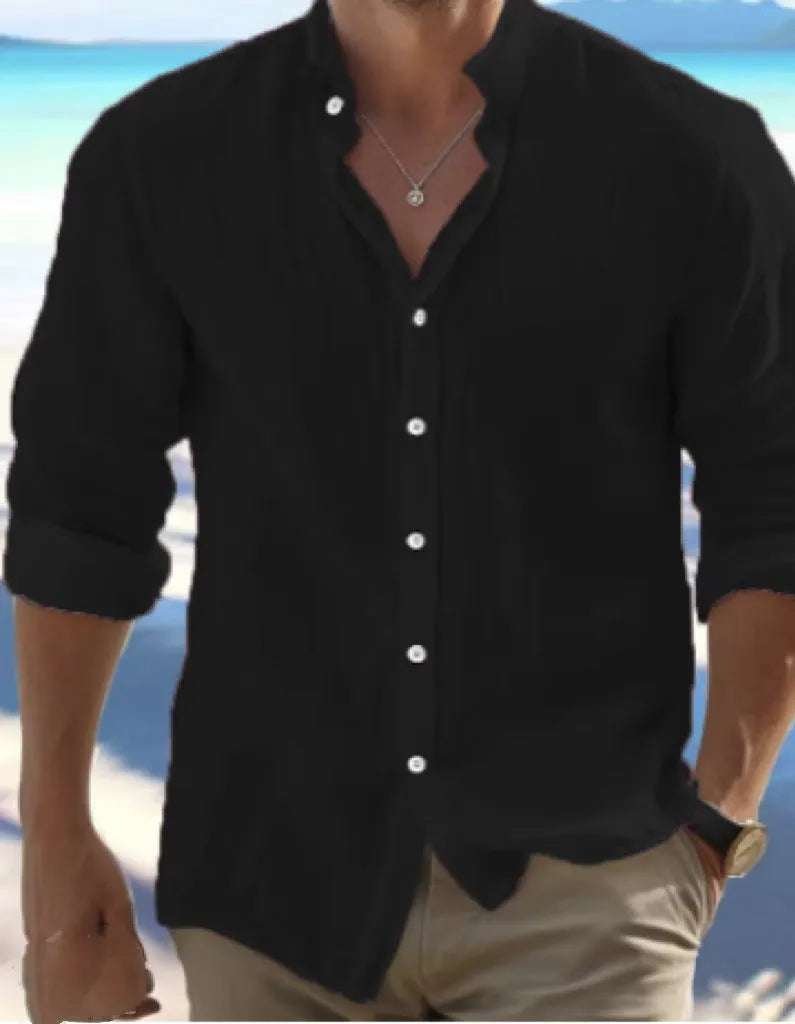 A man's light grey casual pullover shirt made from long-staple cotton fabric, shown on a hanger.
