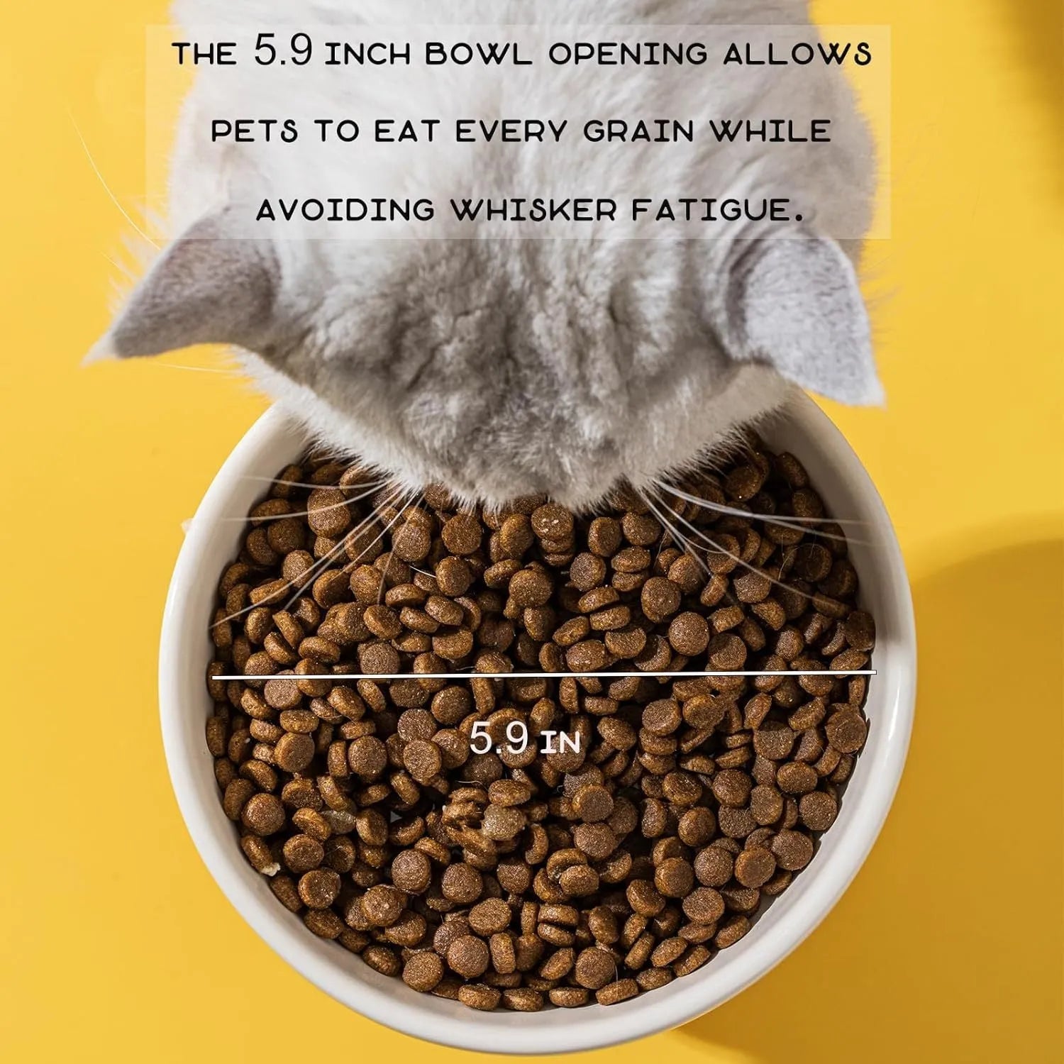 Raised ceramic cat food bowl in animal theme design, showing elevated height and wide bowl.