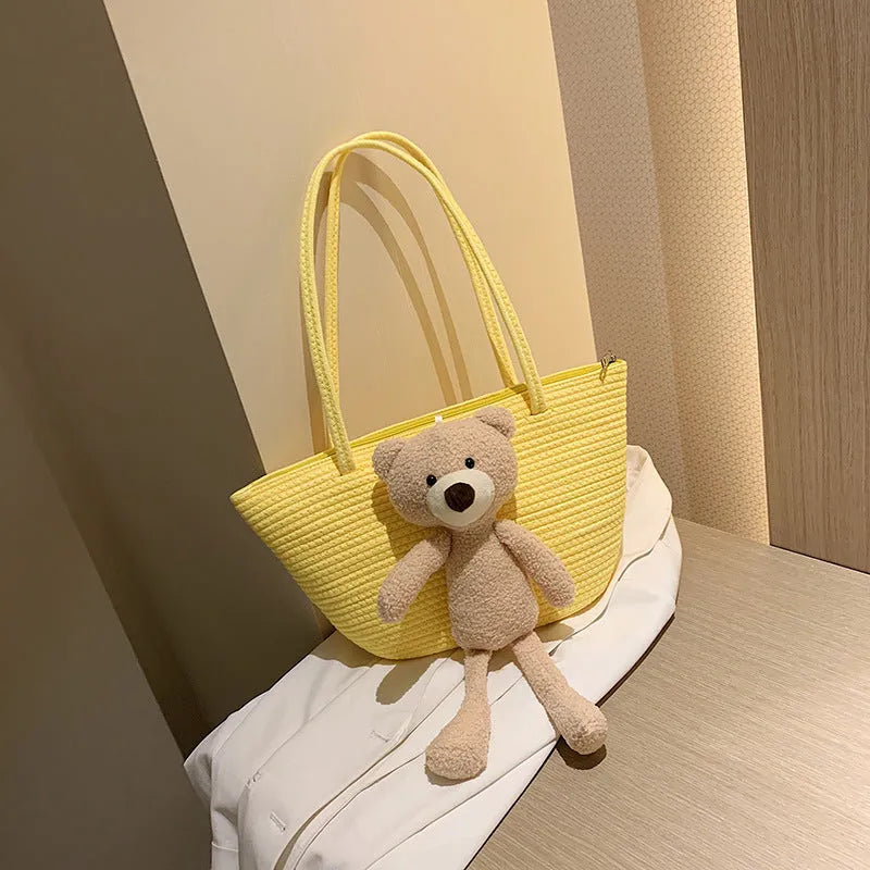 Woven cotton linen dumpling shape shoulder bag with double straps in six colour options