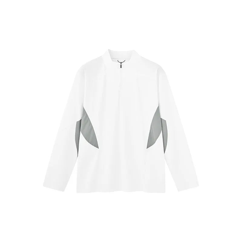 Men's solid colour lightweight polyester top with stitching detail, shown in black and beige for both long and short sleeves.