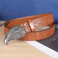 Men's black imitation leather belt with decorative alloy cow head buckle and pin buckle fastening