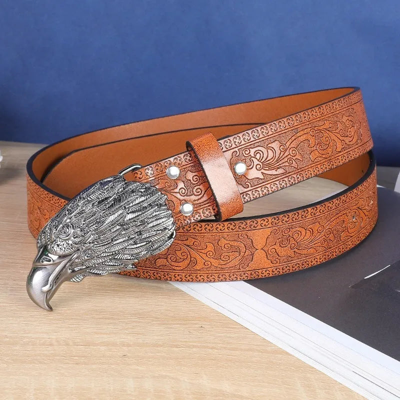 Men's black imitation leather belt with decorative alloy cow head buckle and pin buckle fastening