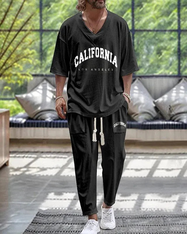 Cropped sleeves V-neck trousers suit in thin polyester two-piece set