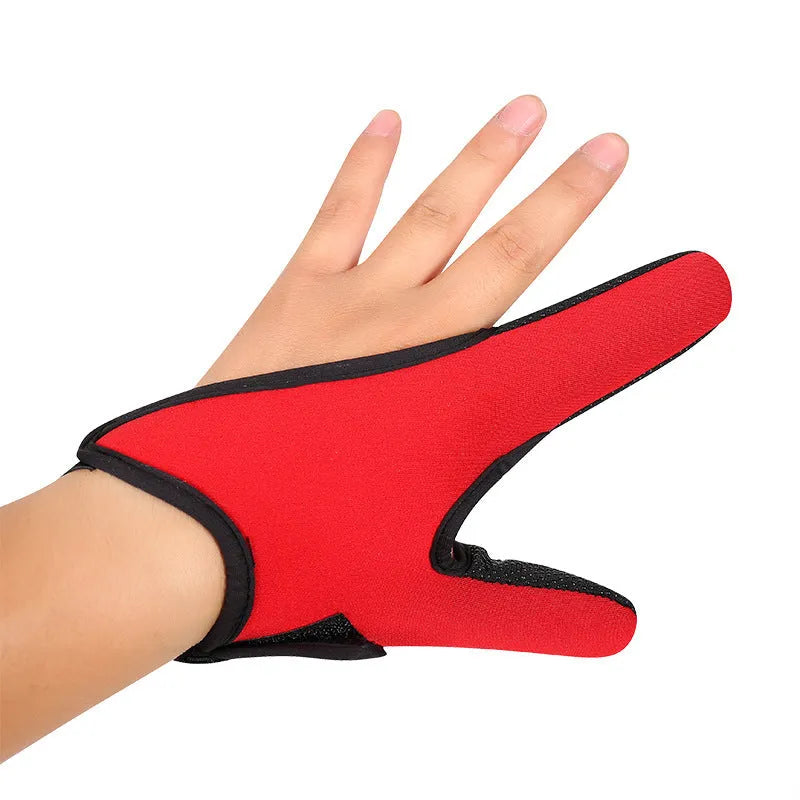 A single two-finger fishing glove showing the diving cloth back and microfiber palm, on a blue background.