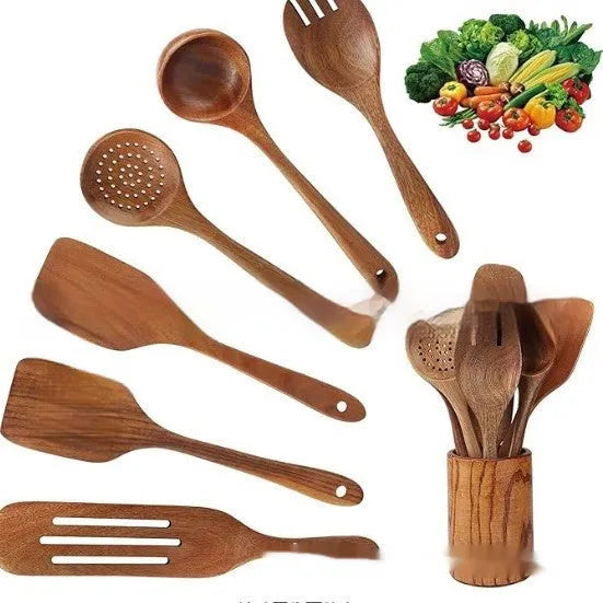 7-piece wooden kitchen utensil set with spoons and spatulas in box packaging