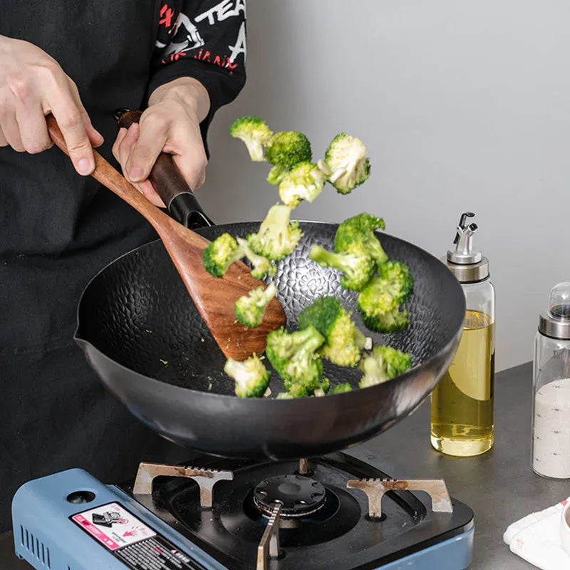 Traditional black iron wok pan with wooden handle and glass lid option