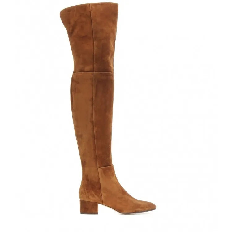 Grey women's flat over-the-knee suede boots with a pointed toe and low rubber heel.