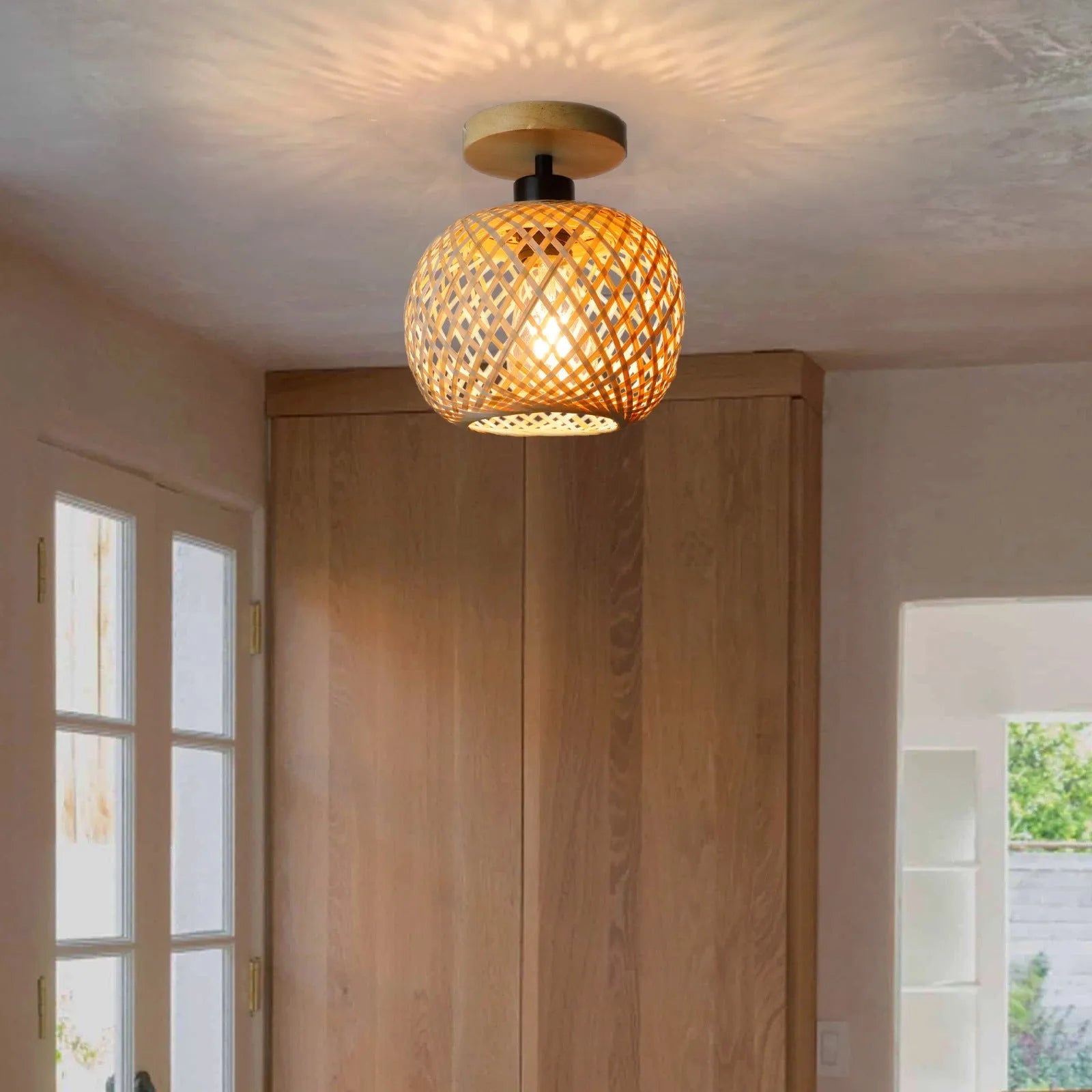 Japanese-style ceiling lamp with a natural bamboo and rattan shade for hallway or corridor lighting.