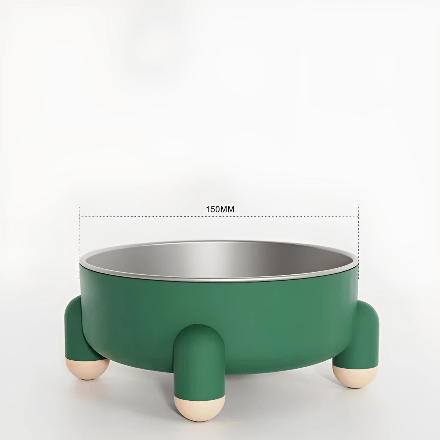 Green stainless steel pet bowl with non-slip base and high foot design on a wooden floor