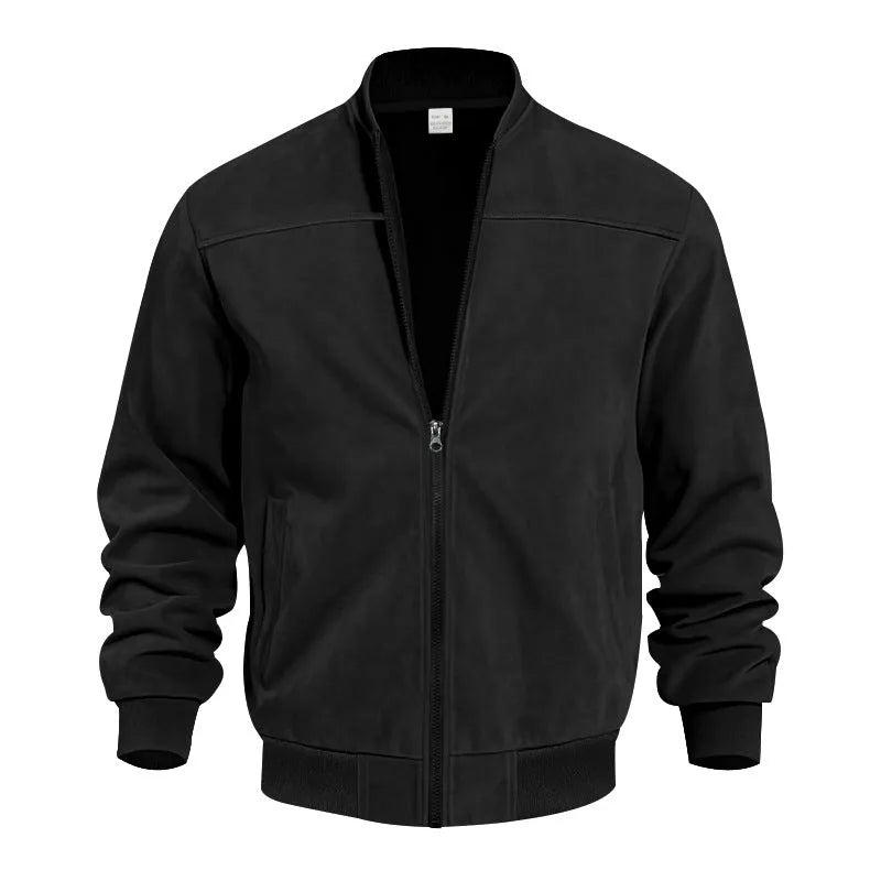 Man wearing a men's plus size suede casual jacket in army green with a zipper front.