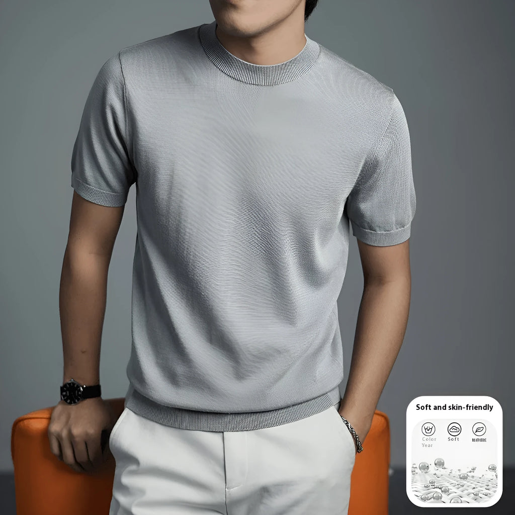 Men's knitted T-shirt with round neck and short sleeves in chemical fibre blend fabric