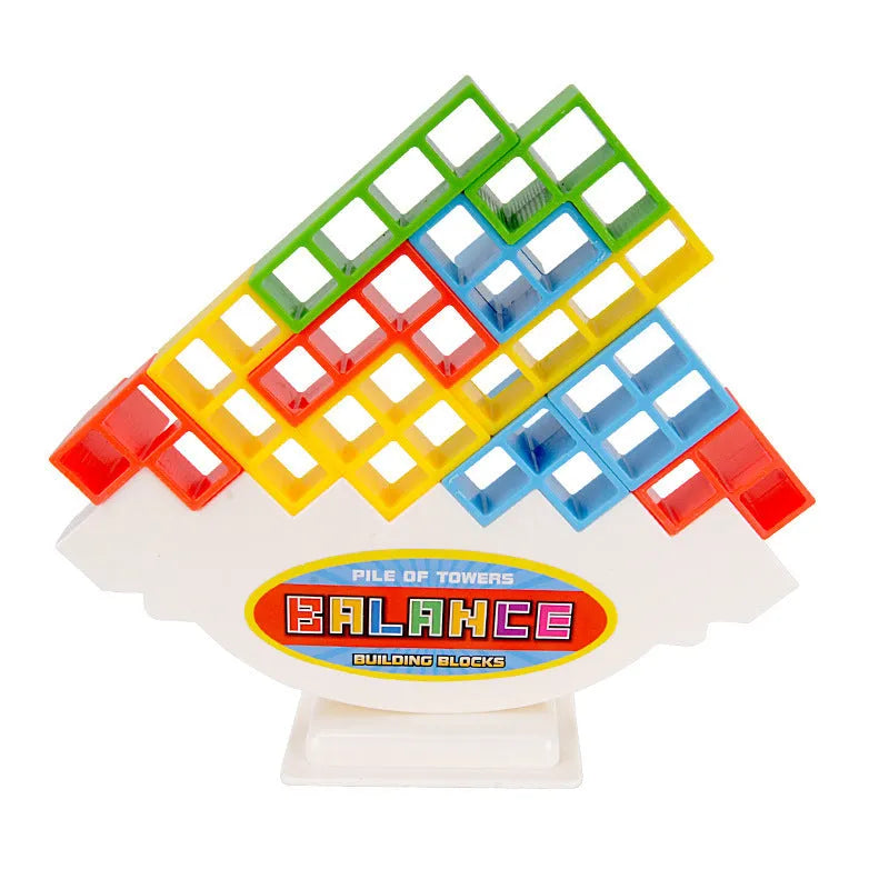 Plastic balance stacking game with 16 coloured blocks, chassis and base on table