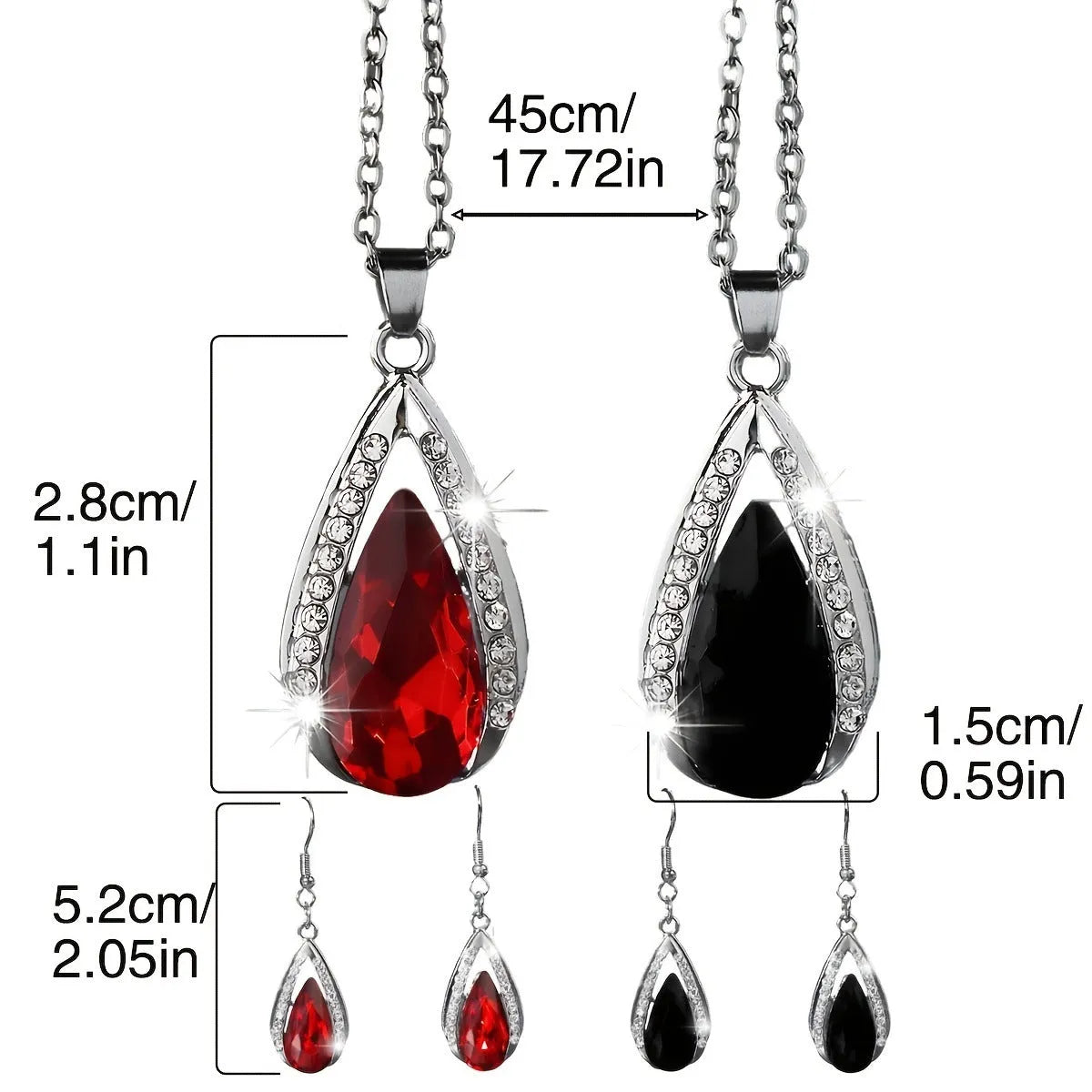 Teardrop glass pendant necklace and earrings matching suite in black or red alloy jewellery