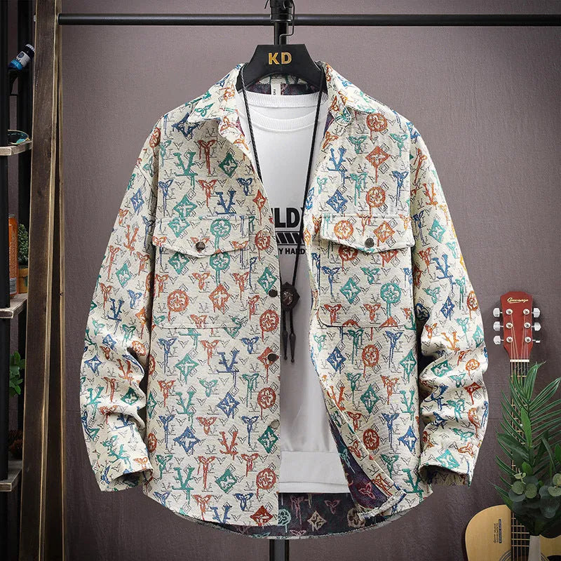 Casual lapel shirt coat in blue with long sleeves and straight hem on a hanger