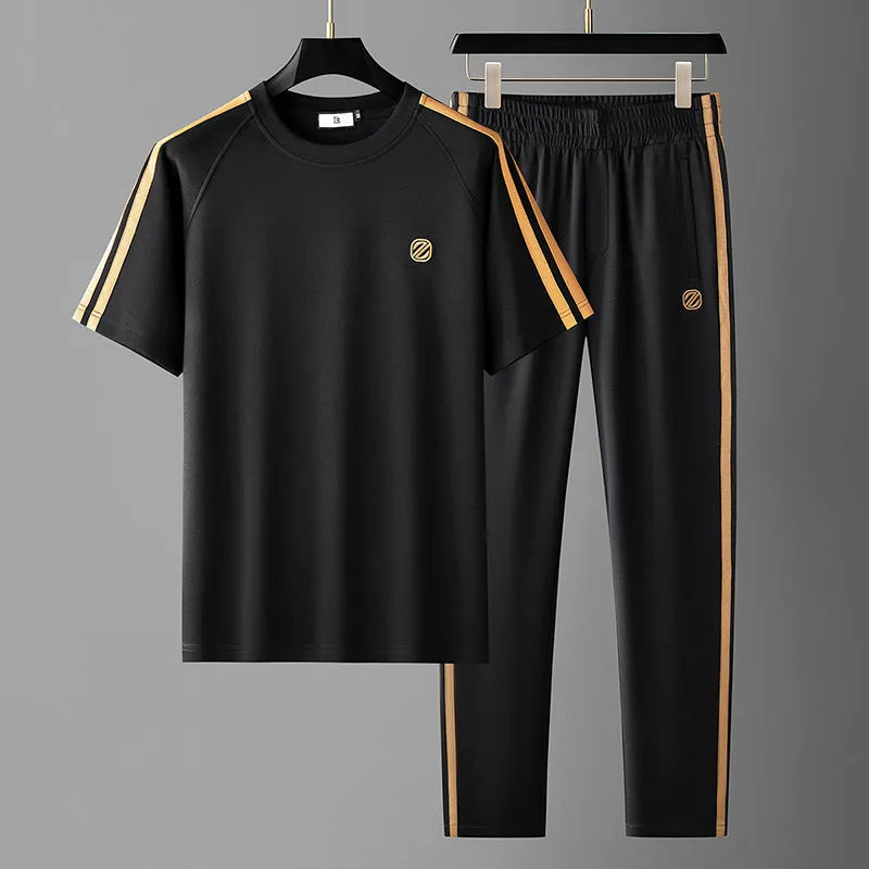 Men's ice silk style tracksuit set with short sleeve top and trousers in blue colour
