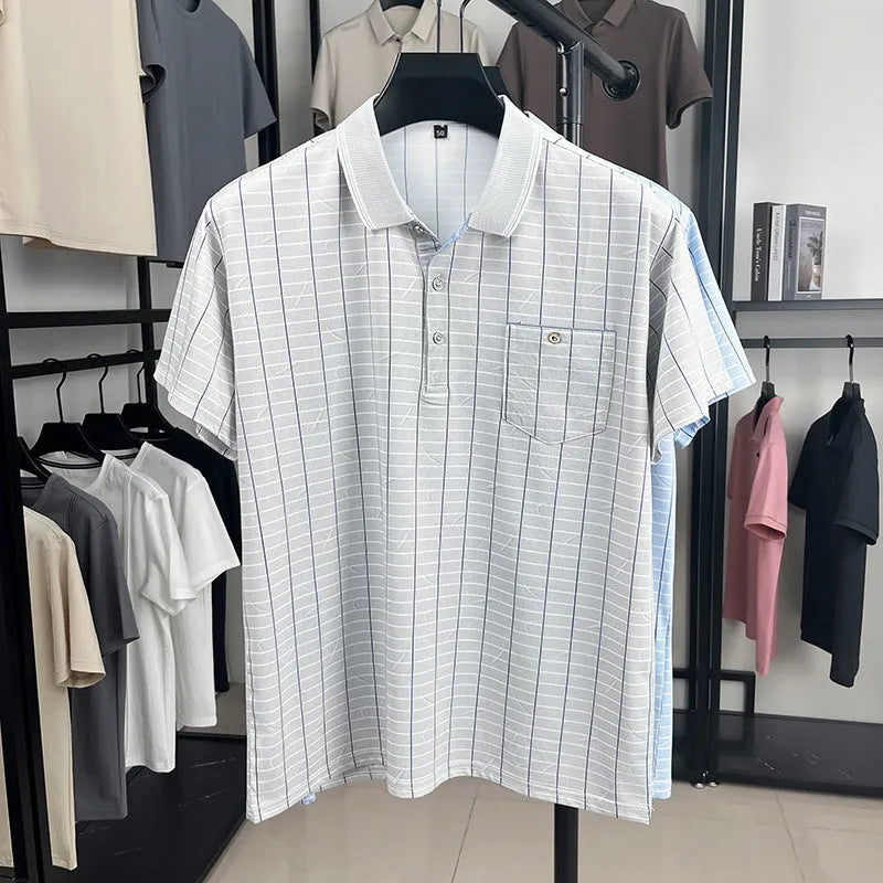 Men's Ice Silk summer top loose fit plaid pullover in light gray on a man