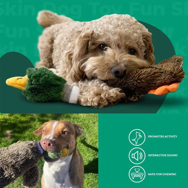 Green wild duck stuffless squeaky dog toy with soft plush fabric and dual squeakers