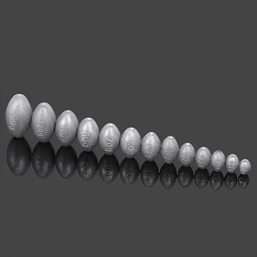 Olive lead sea fishing sinker with plastic core and scale texture, shown with weight options from 10 to 150 grams.