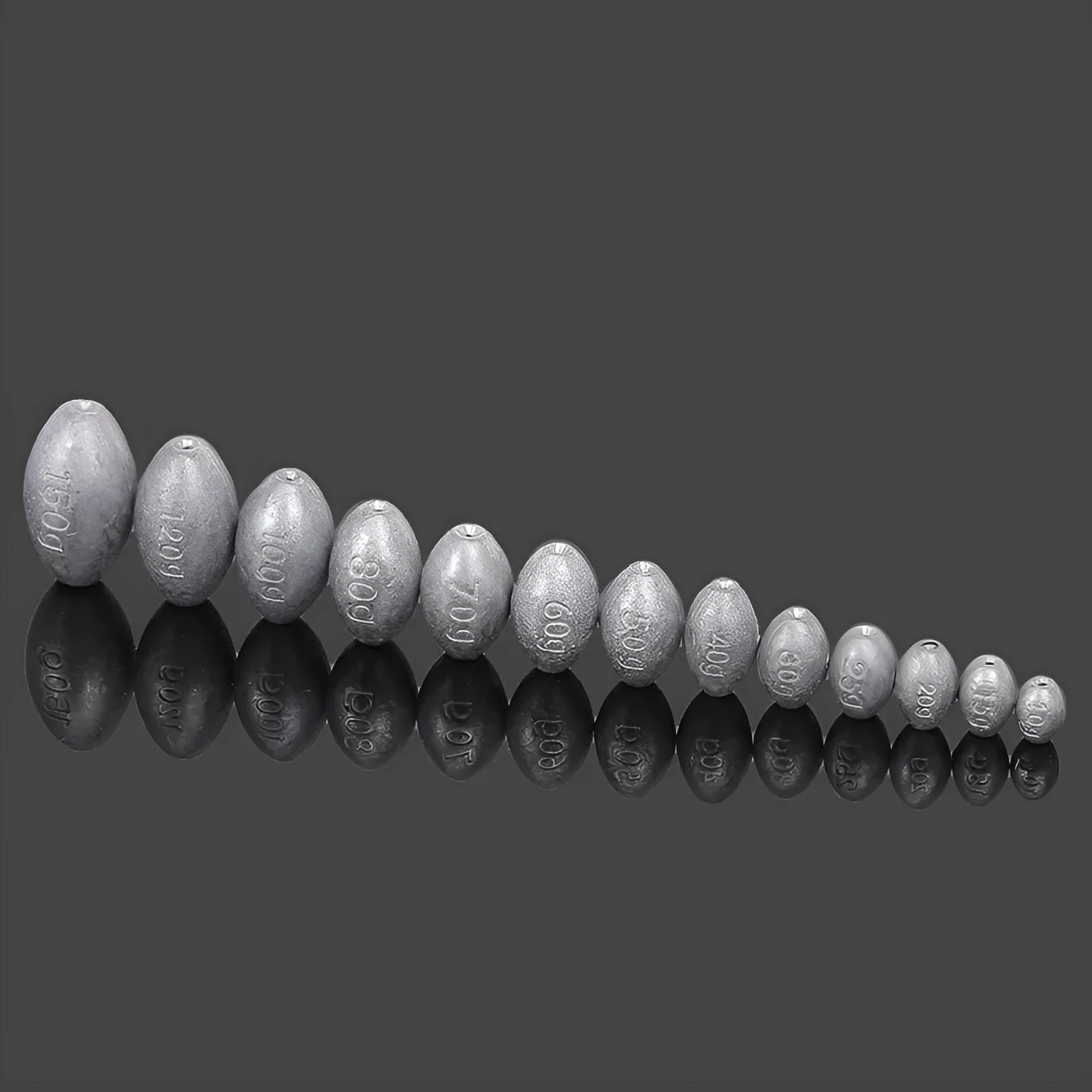 Olive lead sea fishing sinker with plastic core and scale texture, shown with weight options from 10 to 150 grams.