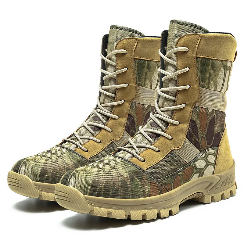 Men's black high-top Martin combat boots with mesh upper and totem design details
