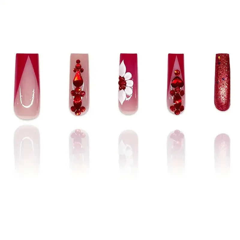 Sweet flower pattern fake nails with prismatic red diamond accents, jelly glue and nail file