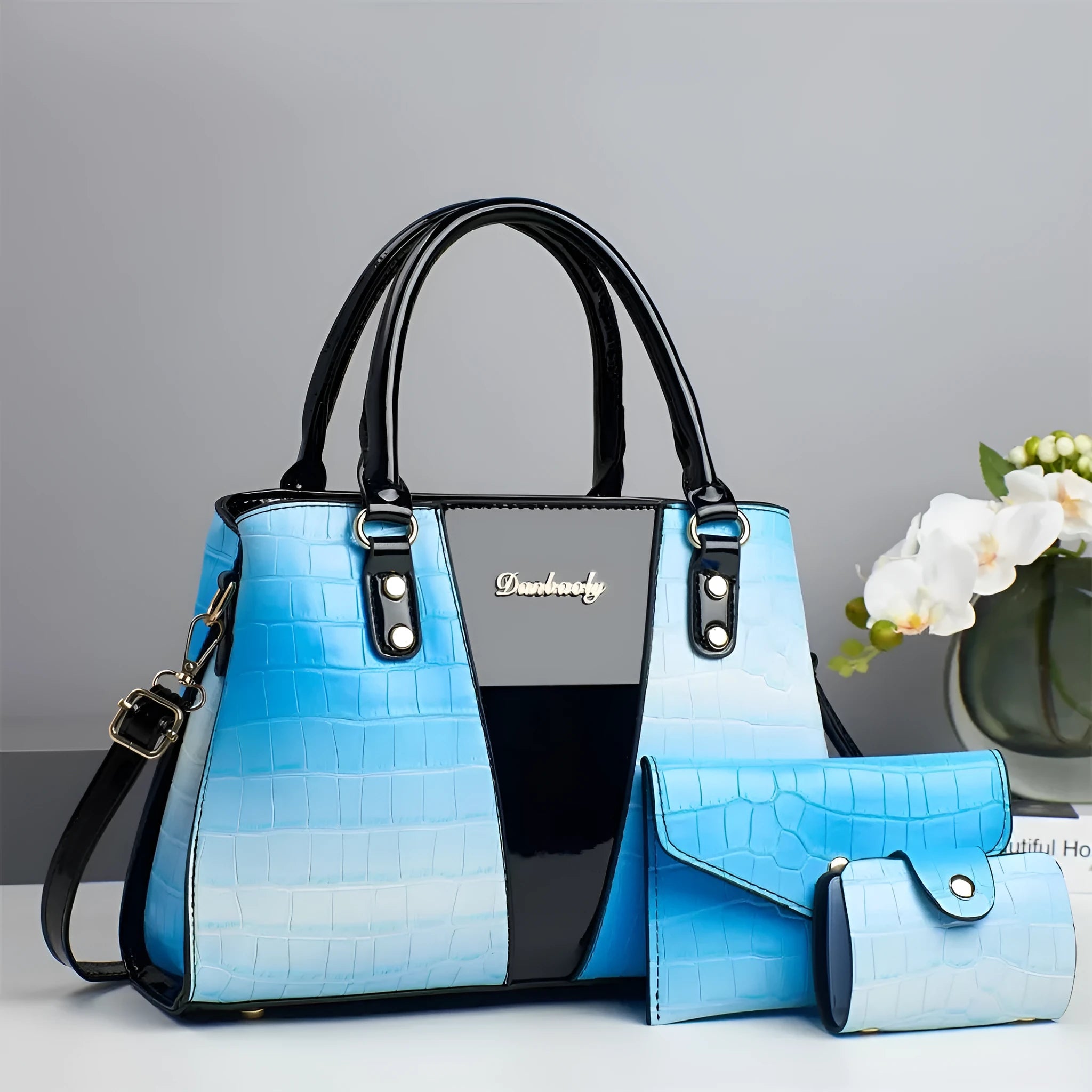 Women's crocodile-stitch three-piece shoulder bag set showing main bag, small bag, and card pouch in PU leather