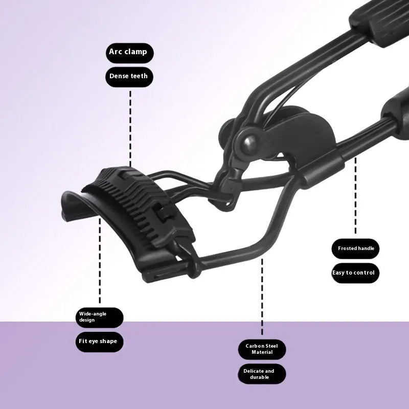 A4 with comb eyelash curler in black with ribbon comb detail, carbon steel and ABS construction