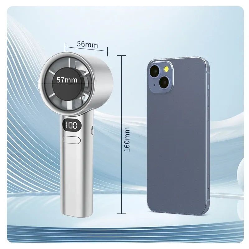 USB-powered handheld fan with variable speed control in green, silver, khaki, or white colour.