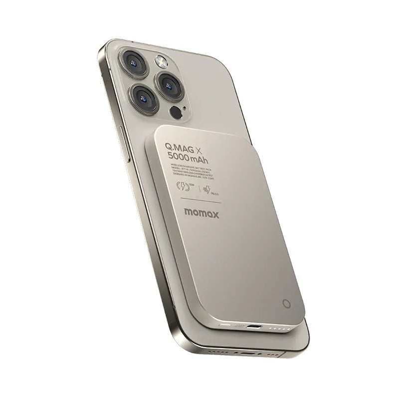 Alloy magnetic wireless power bank in black and titanium gold colours with three capacity options