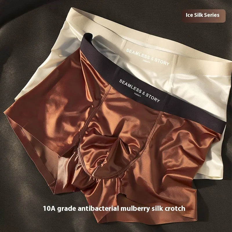 Men's ice silk satin underwear in mid waist design showing coffee, light grey and blue colour options