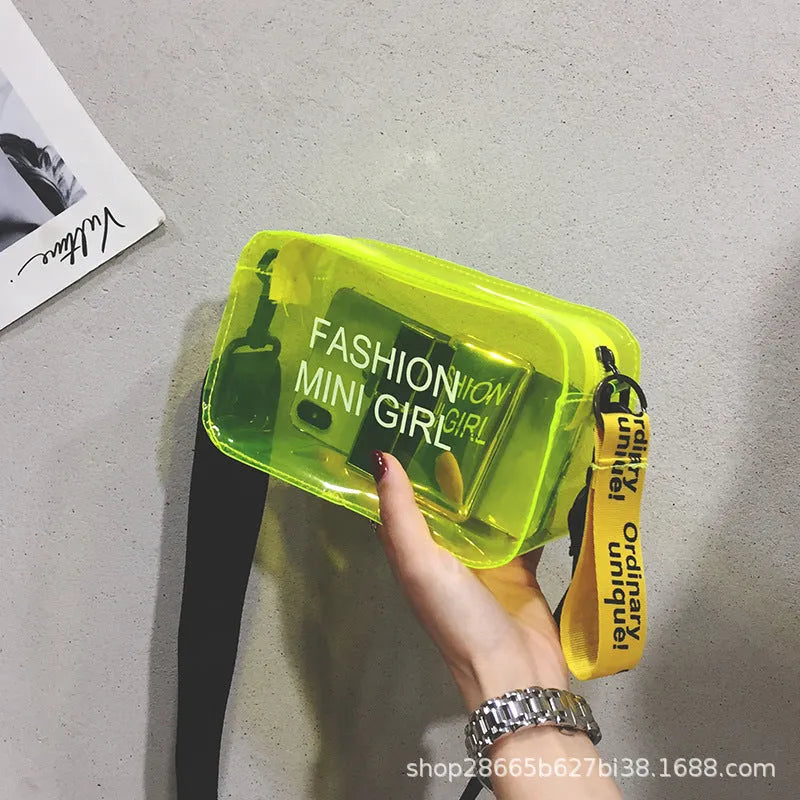 Transparent square jelly shoulder bag with single diagonal cross strap in various colour options