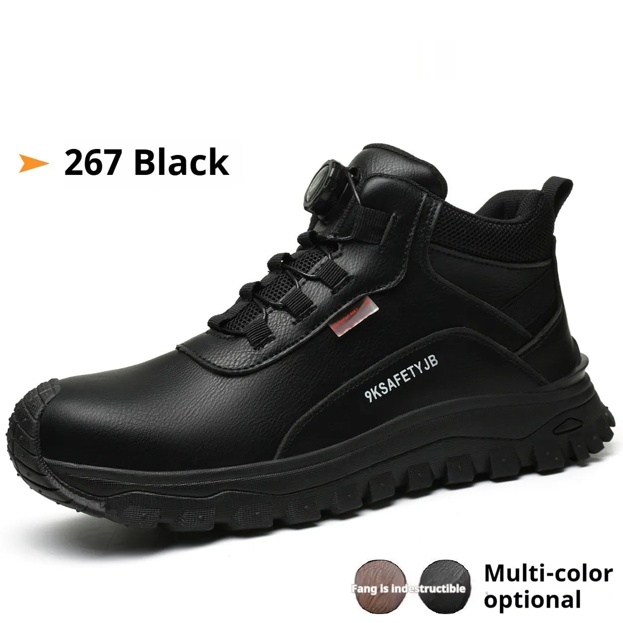 Leather safety work shoes with rubber soles in black, brown, grey, and khaki colours available in sizes 36-46
