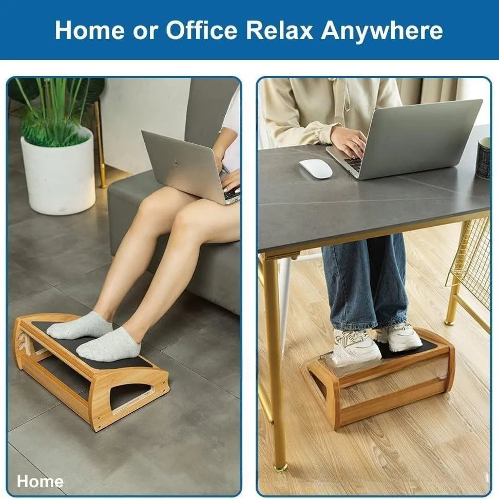 Wooden adjustable bamboo office desk footstool in natural wood colour
