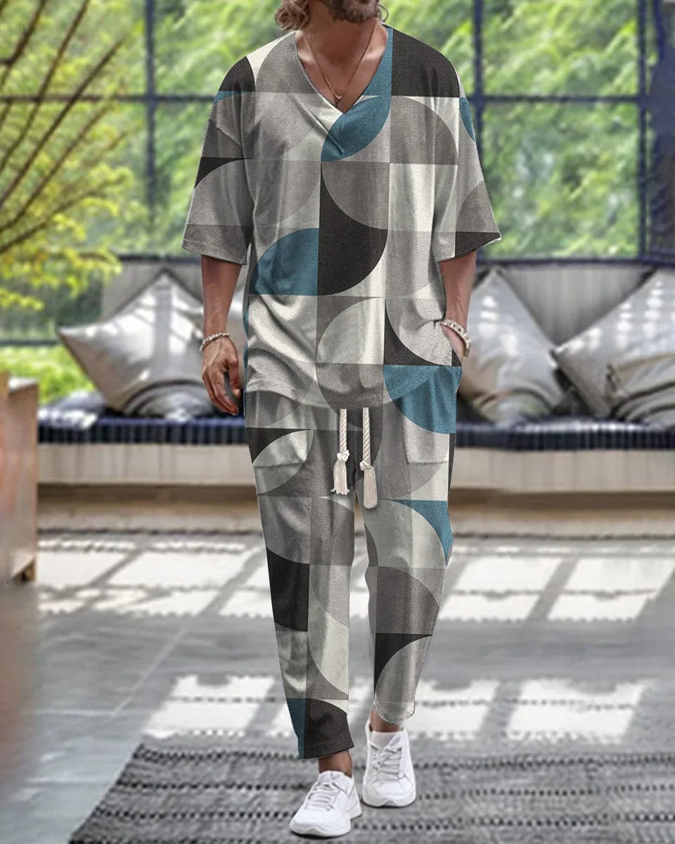 Cropped sleeves V-neck trousers suit in thin polyester two-piece set