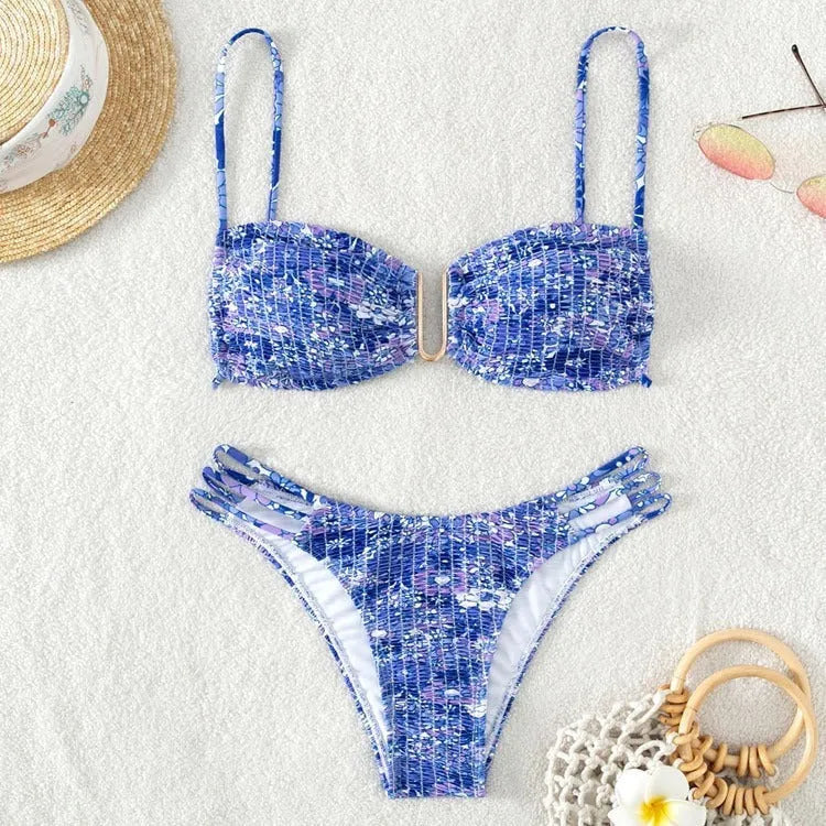 Women's floral print bikini swimsuit with high-waisted briefs in orange, blue, and rose red colours